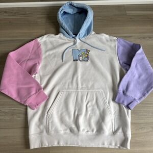 H&M MTV Color block‎ Hoodie Mens Sz M Relax Fit Pink Purple Beige Blue Yellow